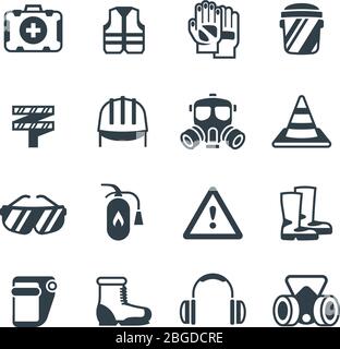 Industrial security, occupational safety work and healthcare. Protective clothing and equipmen vector icons isolated. Protection equipment and clothing, glove respirator and headgear illustration Stock Vector