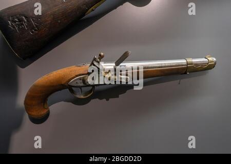 A Calvary pistol (a smooth flintlock pistol from c.1798) on display in the Fortress Museum, Hohensalzburg Fortress, Salzburg, Austria. Stock Photo