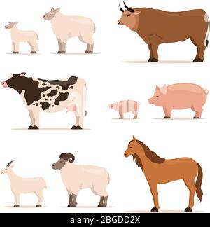 Animals on farm. Lamb, piglet, cow and sheep, goat. Vector illustrations set in cartoon style Stock Vector