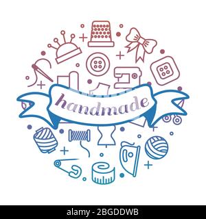 Bright handmade work round concept with line icons and banner. Handmade badge emblem banner, vector illustration Stock Vector