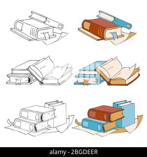 Doodle, hand drawn sketch books icons and coloring elements with samples. Literature book for school, sketch drawing encyclopedia. Vector illustration Stock Vector