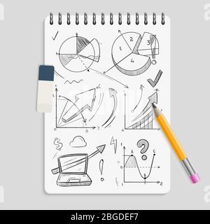 Business graphics pencil sketches on realistic notebook with eraser and pencil - brainstorm concept. Sketch business graphic doodle, pencil drawing di Stock Vector