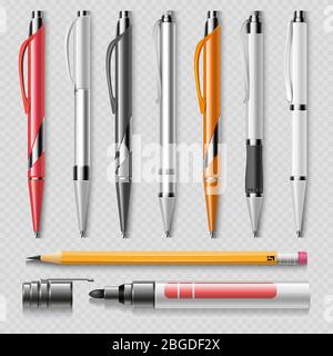 Realistic office stationery isolated on transparent background - pens, pencil and marker realistic vector. Office stationery pen and marker illustrati Stock Vector