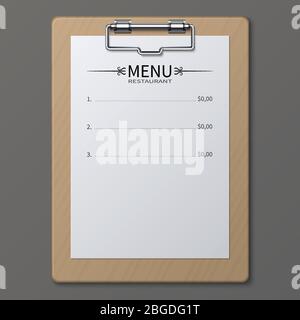 Classic restaurant menu on paper sheet in clipboard. Vector template. Illustration of menu food cafe, brochure paper with price Stock Vector