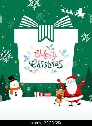 Santa Claus with Christmas gift box greeting. Winter forest background Stock Vector