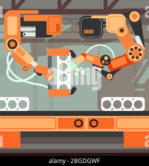 Manufacturing assembly conveyor production line with robotic arm. Heavy industry vector concept. Manufacturing arm, machine assembly production illustration Stock Vector