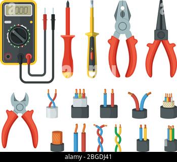 Electrical cable wires and different electronic tools. Cutter, multimeter. Vector illustrations isolated Stock Vector