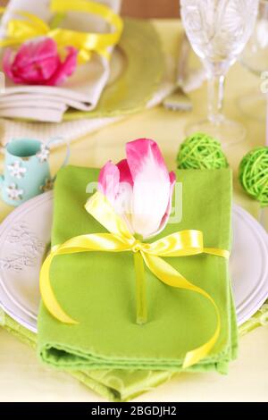 Beautiful spring table setting, top view Stock Photo - Alamy