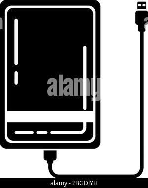 Glypgh External hard disk drive icon with USB cable isolated on white background. Black Powerbank for charging mobile devices. Portable extern HDD. Memory drive vector illustration. Stock Vector