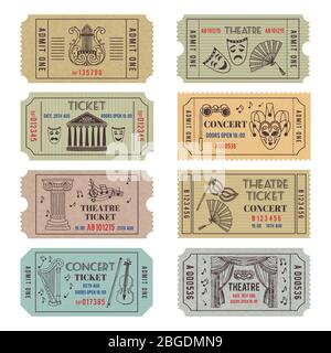Vintage theatre or cinema tickets with different monochrome symbols of ballet or opera Stock Vector