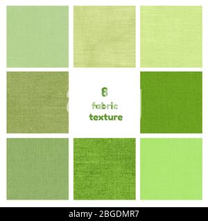 Set of natural linen texture for the background. Green fabric texture for background. Collage of 8 green textures isolated over white. Stock Photo