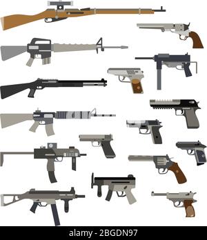 Different automatic weapons. Vector illustration of guns and pistols Stock Vector