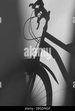 Shadow of bicycle against a plain walls showing brake handles, brake cables, front wheel and part of frame in clear shadow Stock Photo