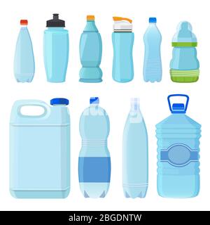 9 plastic bottles of water with different size grey background Stock ...