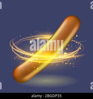 Realistic Hot Grill Sausage and Glowing Circle Isolated on Blue Background. Street Fast Food Stock Vector