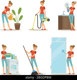 Woman making different housework. Active mother at homework. Vector illustration in cartoon style Stock Vector