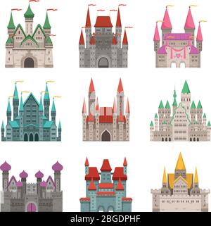 Fairytale old medieval castles or palaces with towers. Vector pictures in cartoon style Stock Vector