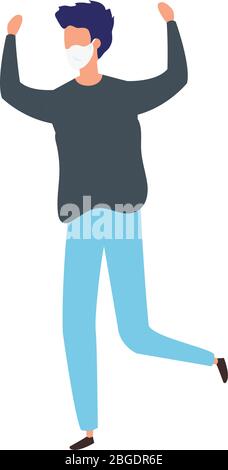 young man using face mask with hands up Stock Vector