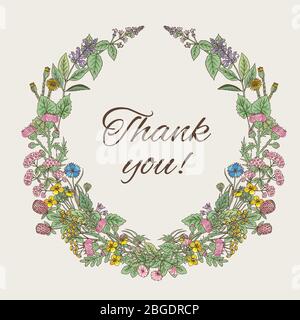 Thank you card. Inscription inside the wreath of hand drawn herbs and flowers Stock Vector