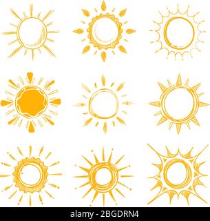 Shining bright hand drawn happy sun vector set Stock Vector