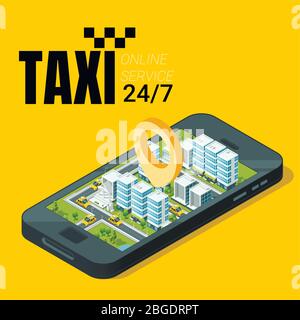 Taxi service concept. Smartphone with isometric city landscape. Vector illustration Stock Vector