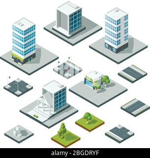 Set of isometric city landscape design elements. 3D constructor Stock Vector