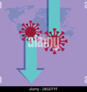 economy and covid19 statistics with arrows in earth maps Stock Vector