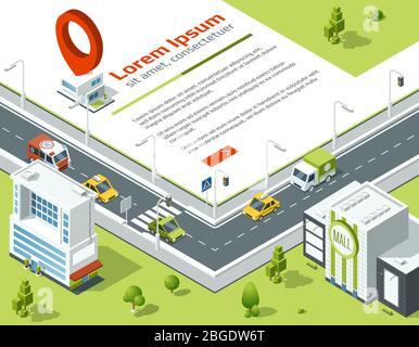 Isometric 3d city. Conceptual poster with highway and point on map location. Vector illustration Stock Vector