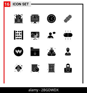 Set of 16 Commercial Solid Glyphs pack for setting, development, clock, toy, abacus Editable Vector Design Elements Stock Vector