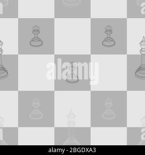 Seamless pattern 3d vector image of chess pieces king, queen and pawn on a chessboard Stock Vector