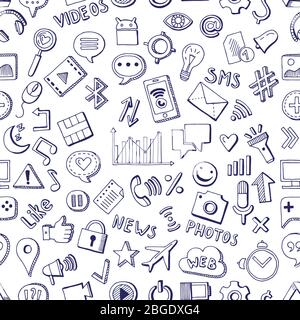 Different social media icons in hand drawn style. Vector seamless pattern on white background Stock Vector