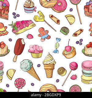 Vector seamless pattern of candies, ice cream, cake and other different sweets. Hand drawn illustrations Stock Vector