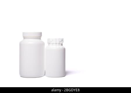 Two white boxes for capsules and tablets isolated on a white, vwith copy space. Stock Photo