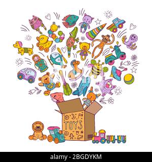 Childrens box for toys. Doodle pictures vector illustration Stock Vector