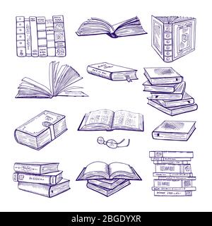Set of different books. Hand drawn vector sketch. Doodle illustrations isolate on white Stock Vector