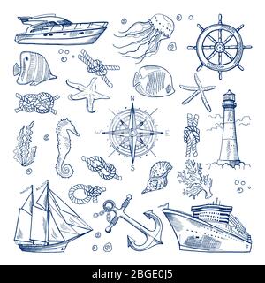 Sea or ocean underwater life with different animals and marine objects. Vector pictures in hand drawn style Stock Vector