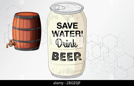 beer can and wooden wine barrel on abstract background Stock Vector