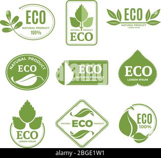 Labels or eco logo set with plants and green leafs. Vector icons isolate on white background Stock Vector