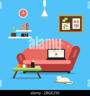 Home office or freelancer interior with sofa and laptop. Vector illustration of workspace. Flat style picture Stock Vector