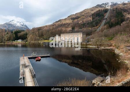 Sloy Power Station (Category A listed building), part of the Loch Sloy Hydro-electric Scheme at Inveruglas on west bank of Loch Lomond in Scotland, UK Stock Photo