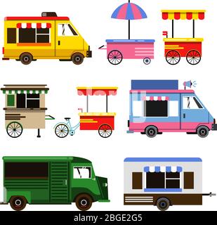 Set of food trucks and bicycles for commercial use. Vector illustration set Stock Vector