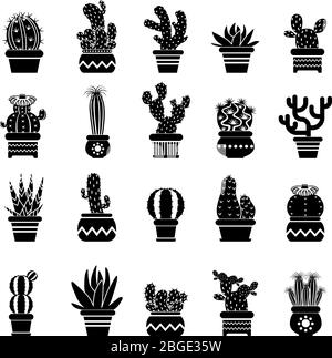 Vector silhouette of desert plants. Monochrome illustrations of decorative cactus in pots. Western icons Stock Vector