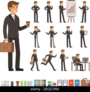 Vector set of businessman in different action poses with accessories. Funny characters illustrations Stock Vector