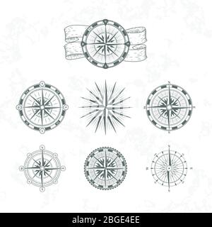 Nautical compass. Marine wind rose for maps. Vintage style vector illustrations Stock Vector