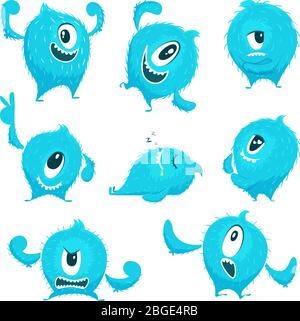 Vector colored monster in cartoon style. Different action poses and cute faces Stock Vector