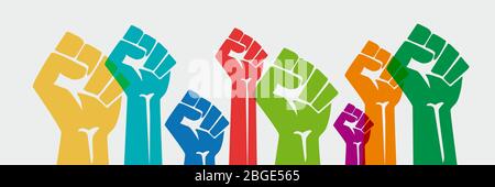 Crowd of protesters people. Vector banner raised hand.Concept of revolution or protest. Closed fist Stock Vector