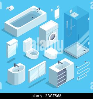 Isometric furniture elements set of bathroom interior. Vector illustrations Stock Vector