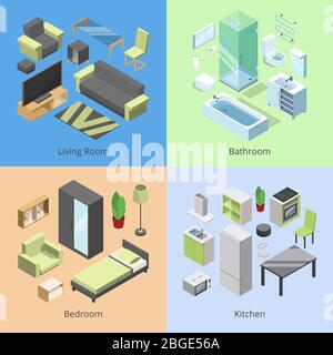Set of different furniture elements for rooms in modern home. Vector isometric illustrations of kitchen, bedroom, living room, and bathroom Stock Vector