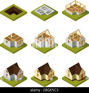 Visualization of modern building on different construction stages. Isometric vector illustration Stock Vector