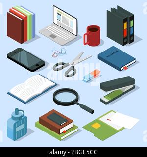 3d office equipment isometric set. Books, folders, pencils and other stationery. Vector illustrations isolate Stock Vector